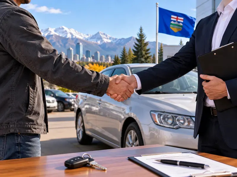 Seller handing over vehicle keys and signed bill of sale to an AMVIC licensed car buyer Alberta at an Edmonton dealership lot